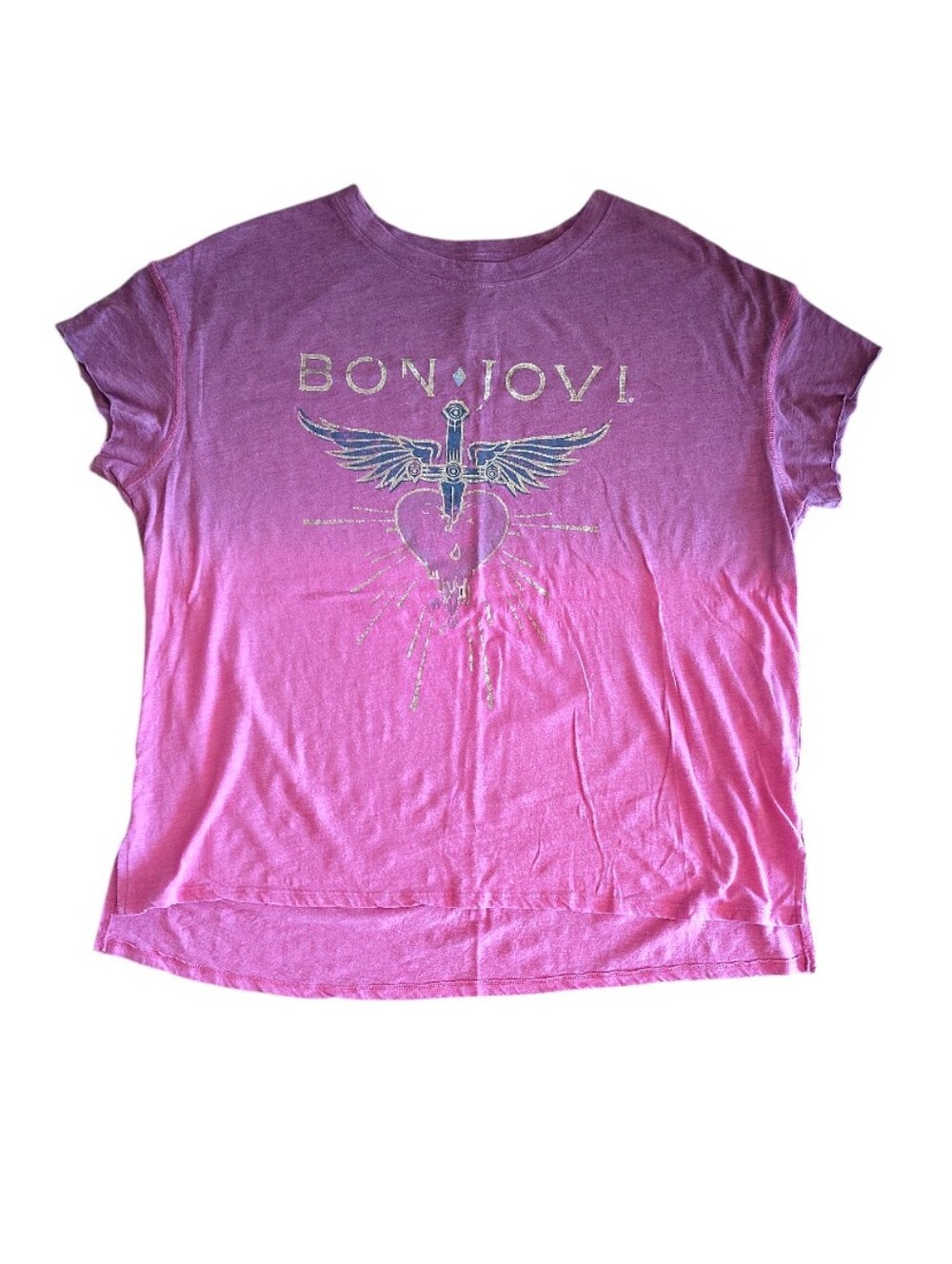 Bon Jovie Dagger Heart‎ Short Sleeve Crew Neck TShirt XL Pink Purple Ombre